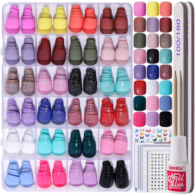 Press On Nails Teenitor Glitter Short Square 12 tamaños x 24