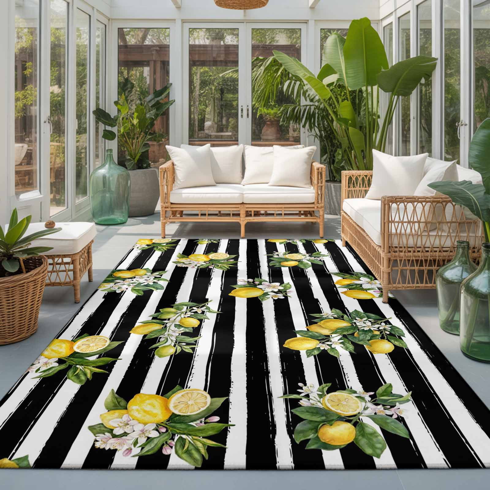 Area Rugs 5'x7', Summer Lemons Carpet Runner Indoor Outdoor Rugs Home Decor Aesthetic, Modern Fruits Flowers Black Striped Non Slip Mats Washable Accent Rug for Living Room Bedroom