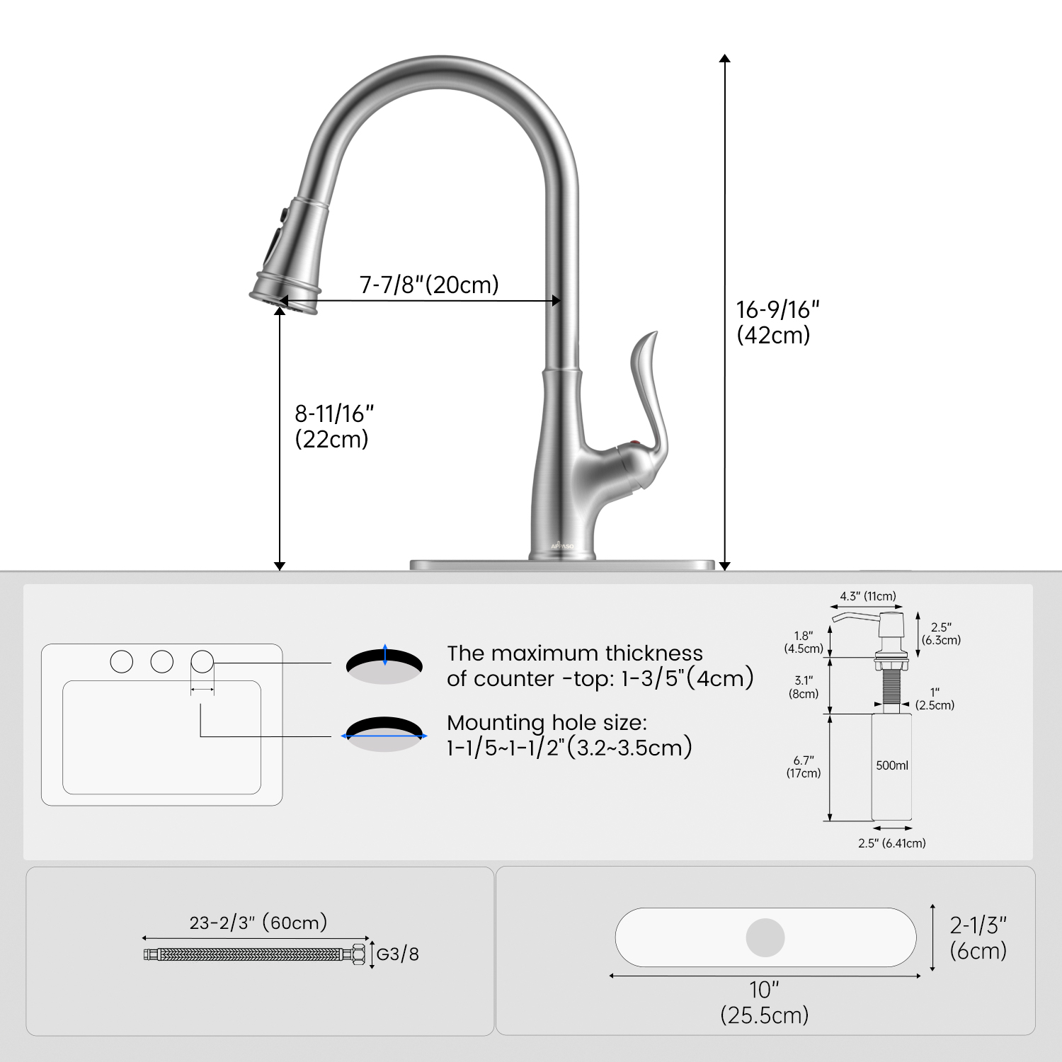 APPASO Brushed Nickel Kitchen Faucet, Stainless Steel Brushed Nickel High Arc Pull Out Kitchen Sink Faucets with Deck Plate and Soap Dispenser