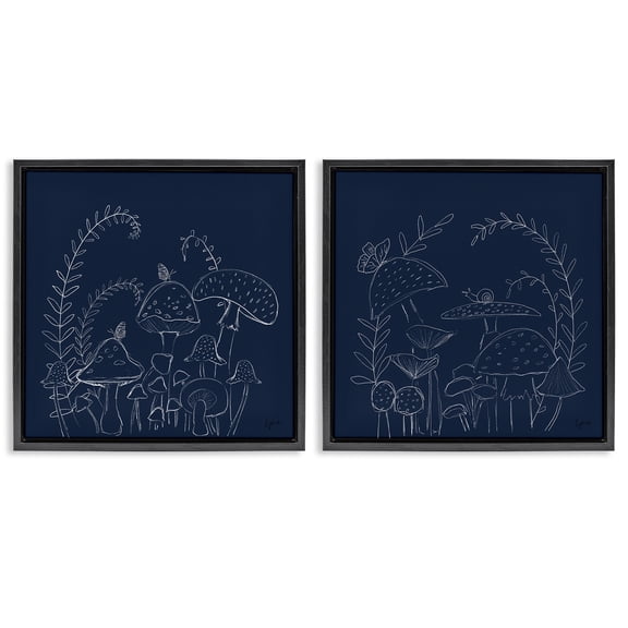 Stupell Industries Minimal Happy Mushroom Garden Floral & Botanical Painting Black Floater Framed Canvas Art Print Wall Art, 18 x 18, Set of 2