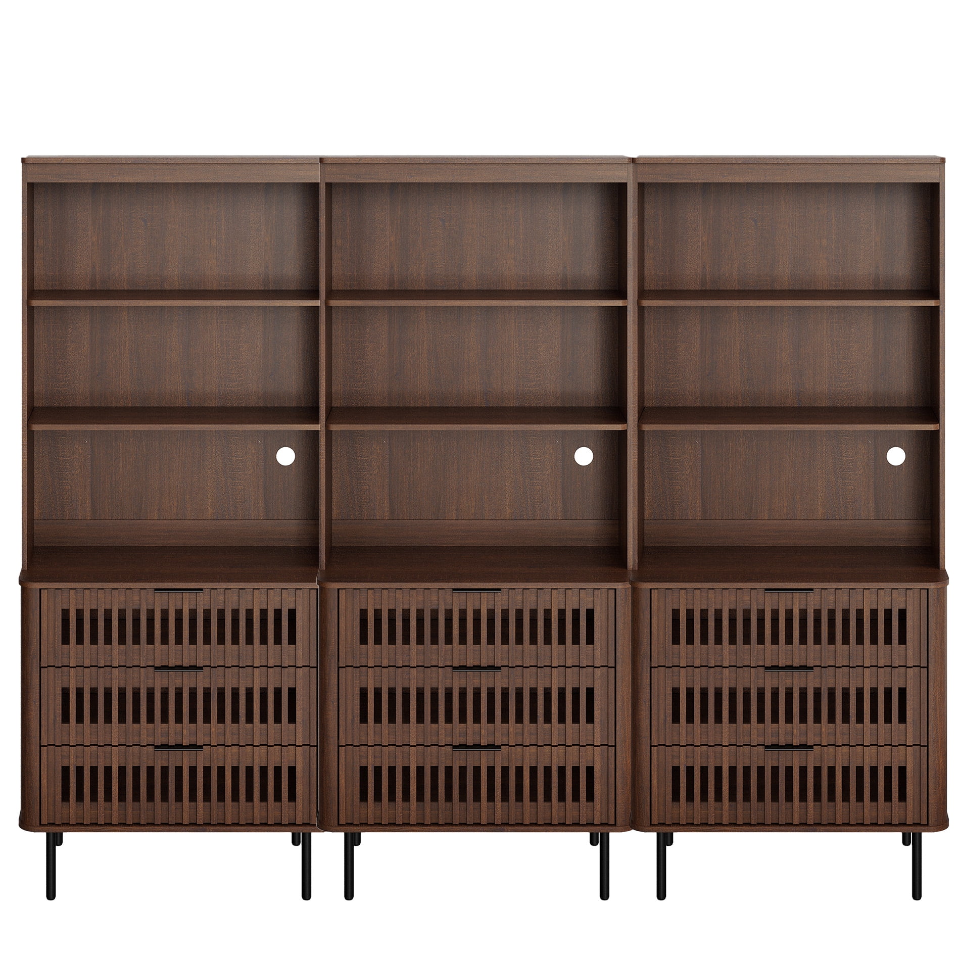 WAMPAT 72.8" Tall 3-Tier Bookshelf with Large Drawer, Modern Bookcase with Storage, Adjustable Shelves, Wood Storage Cabinet, Walnut, 3 PCS