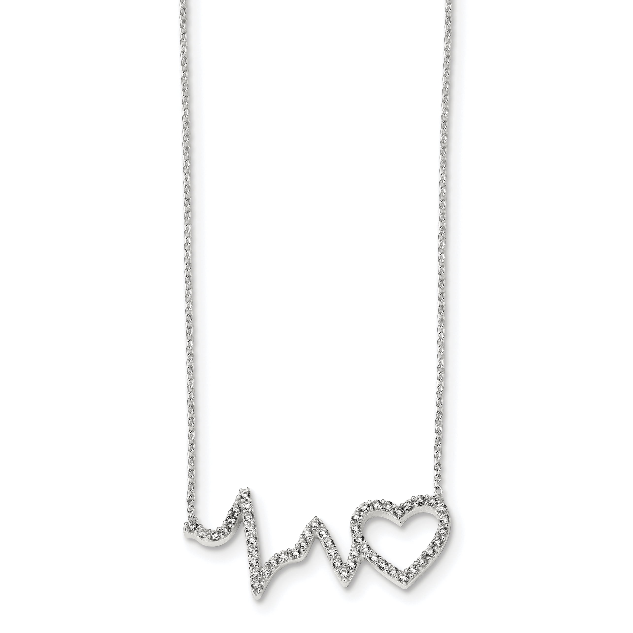 925 Sterling Silver White CZ Womens Heartbeat Pendant Necklace 