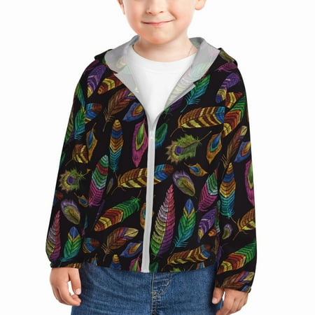 

Sun Hoodie for Kids colorful feathers_A Long Sleeve Swim Fishing Shirts Sun Protection Zip Up Jacket Clothing Athletic Hoodie