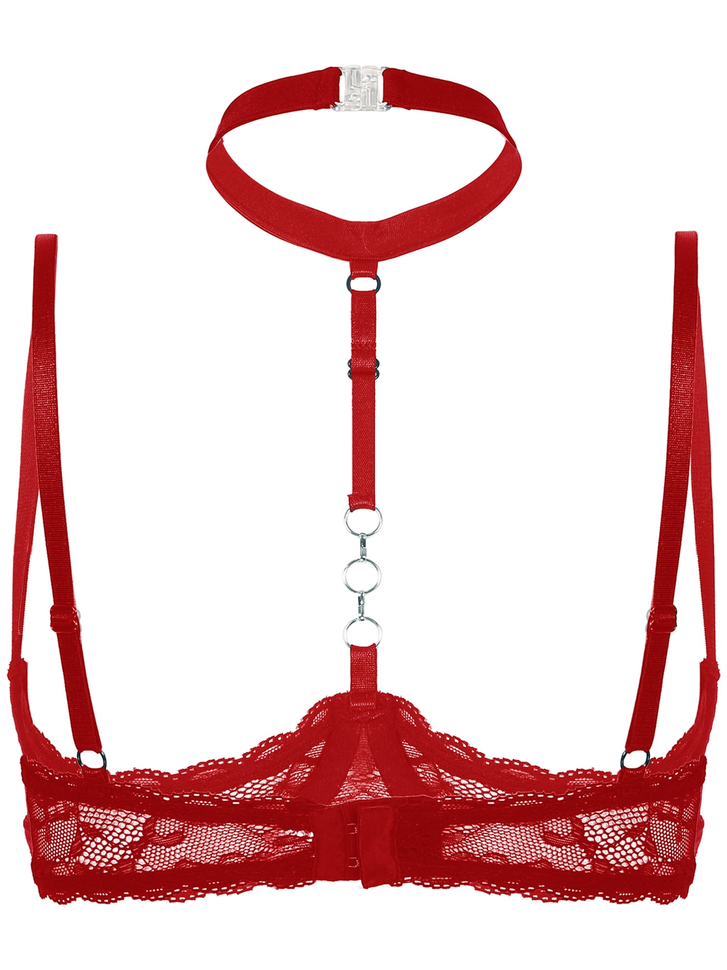 Womens 1/4 Cups Underwire Bra Halter Neck O Ring Sheer Lace Push Up  Brassiere Lingerie Breast Open Bras Underwear