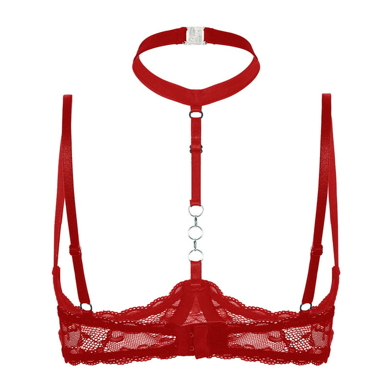 CHICTRY Womens Sheer Lace 1/4 Cups Bra Tops Open Cups Underwire Push Up  Brassiere Lingerie Red 4XL 