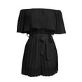 thumbnail image 4 of Women Boho off Shoulder Romper Flowy Tie Waist Flared Pleated Short Jumpsuit Elegant Strapless Wide Leg Party Playsuit, Black, L, 4 of 5
