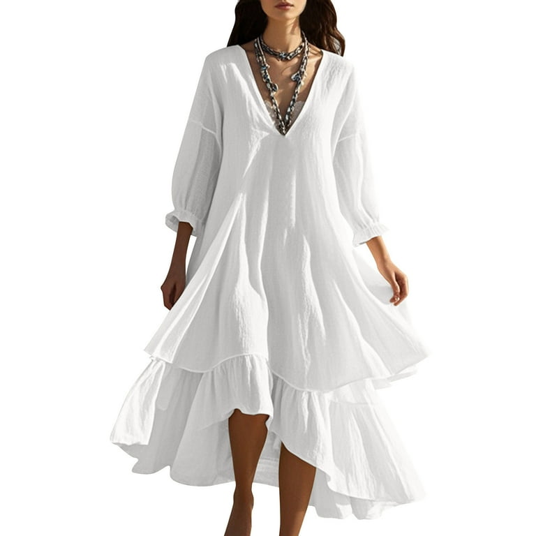 Elvqul Loose Dresses for Women Plus Size Dress White Winter Solid Color V  Neck Long Sleeve Ladies Maxi Dresses