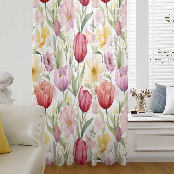 Spring Tulip Semi Sheer Curtains Drapes for Living Room, Bedroom, French Doors Window 45 Inches Long, Summer Floral Botanical Elegant Rod Pocket Chiffon Curtain Drapery Voile Draperies Panel