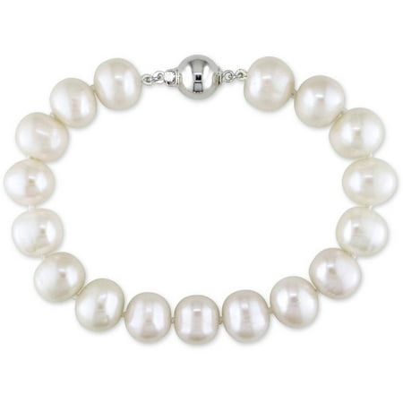 Miabella 10-11mm White Round Cultured Freshwater Pearl Sterling Silver Strand Bracelet, 7.5
