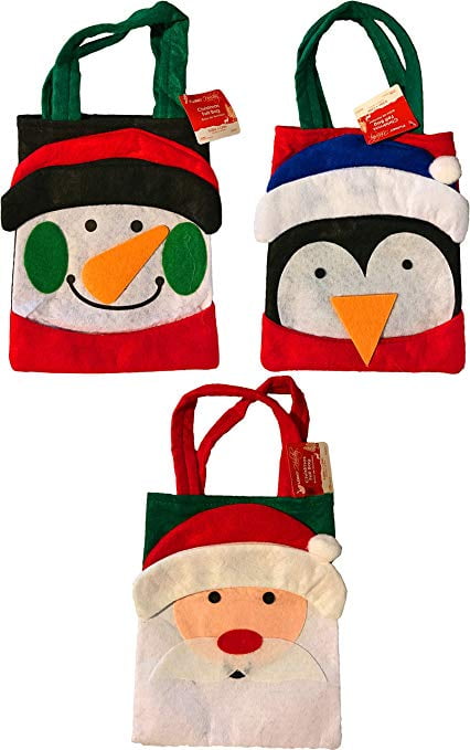 Christmas Felt Handmade Santa, Snowman, Penguin Treat Gift Bags (Set of 3)