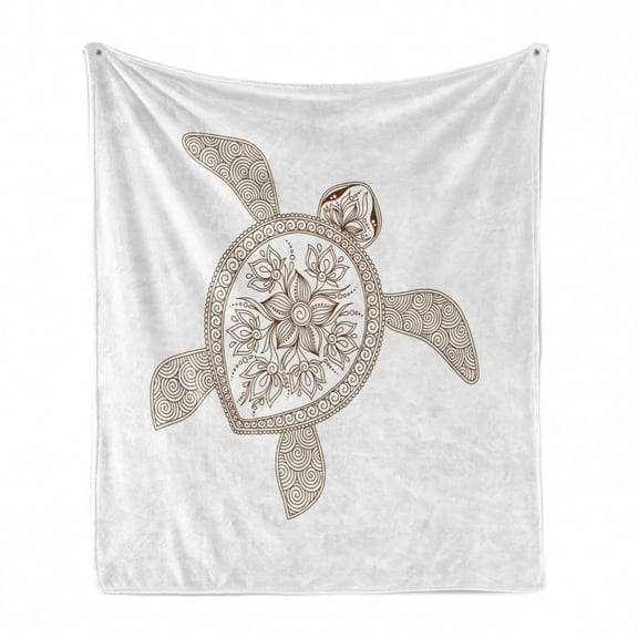 Turtle Soft Flannel Fleece Blanket, Hand Drawn Floral Tortoise Vortex and Spiral Lines Built in Flappers, Cozy Plush for Indoor and Outdoor Use, 50" x 60", White and Chestnut Brown, by Ambesonne
