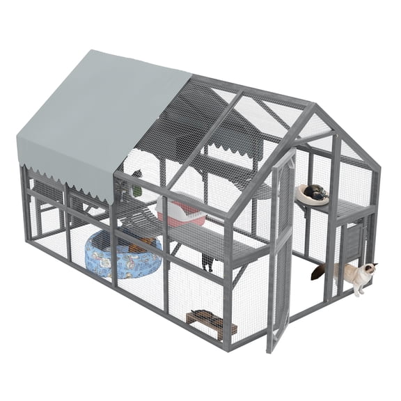 Villeston Large Outdoor Cat Enclosure for Multiple Cats with 7 Platforms, 2 Resting Box and 2 Bridges, Wooden Feral Cats Shelter with Waterproof and UV Proof Canopy