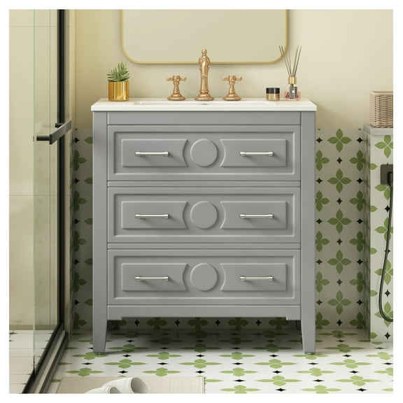 30'' Bathroom Vanity with Ceramic Sink Combo, Free Standing Single Vanity Set with 3 Drawers, Solid Wood Frame Bathroom Storage Cabinet, Gray