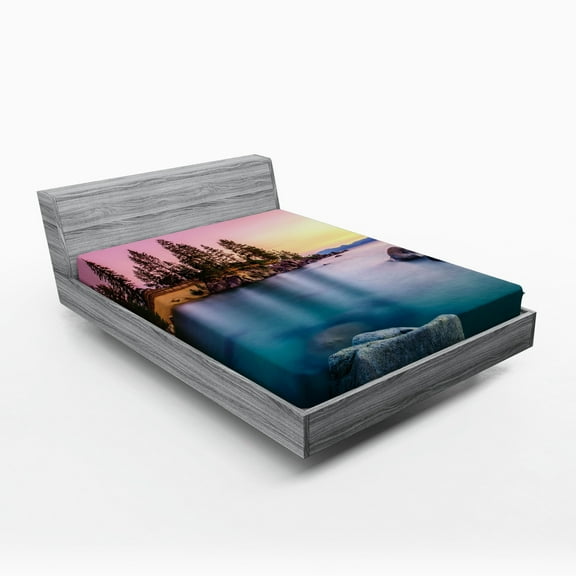 Ambesonne Nautical Fitted Sheet, Tranquil Serene View, Queen Size, Pink Blue