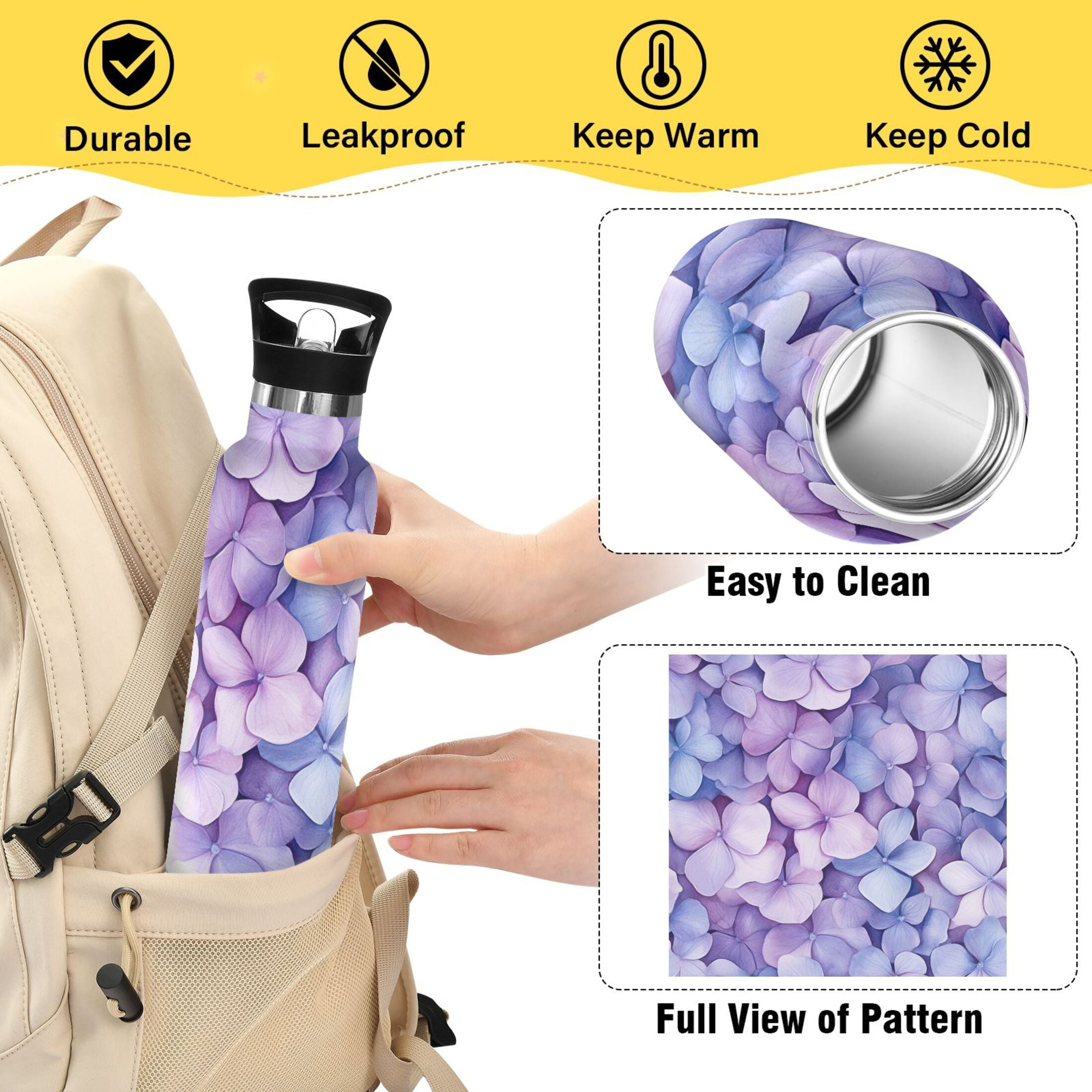600ML Stainless Steel Insulated Cup Sports Water Bottle Portable Thermos Cup Water Glasses Insulated Tumblers Convenient and Durable Purple Hydrangea Petals