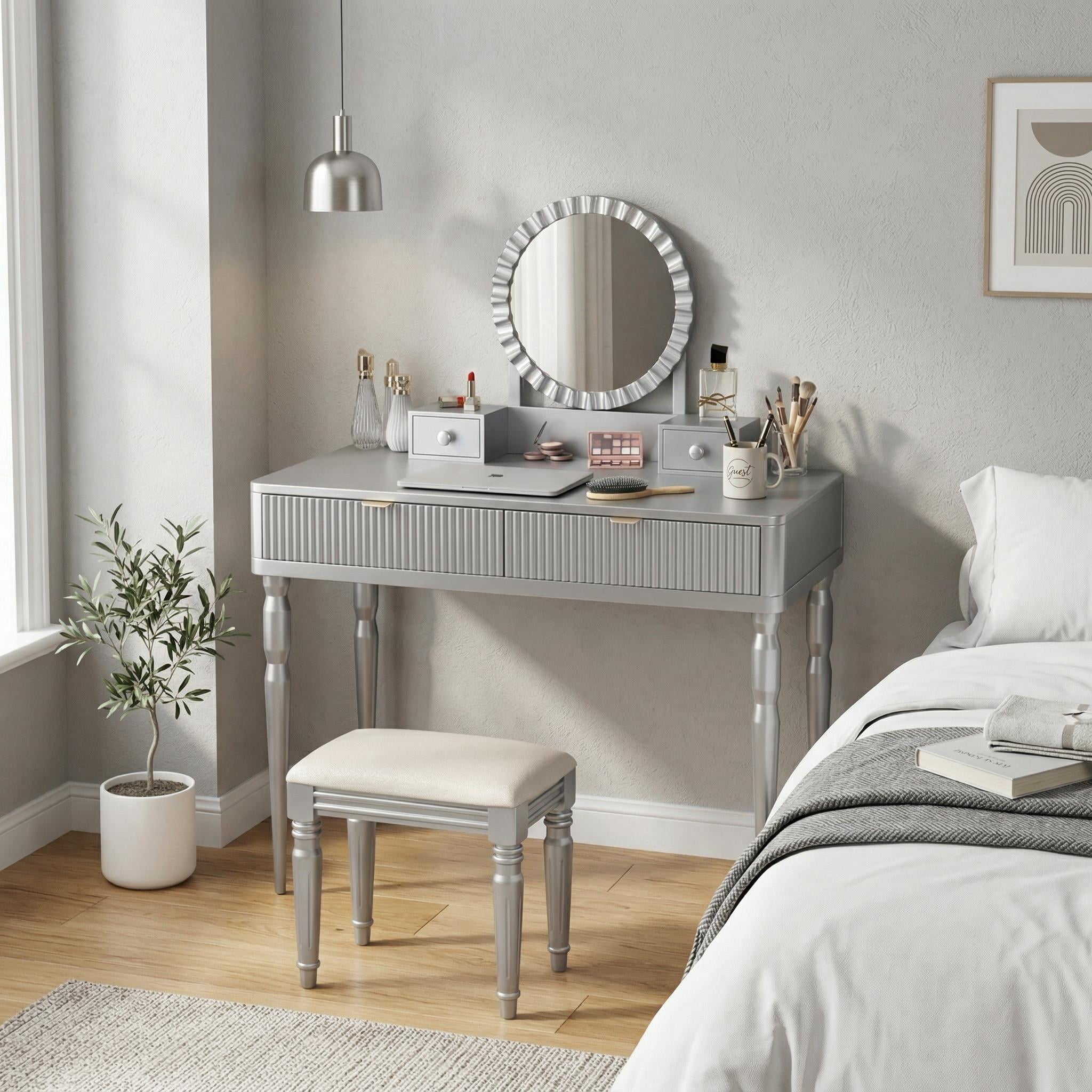 Homy Casa Makeup Vanity Table with Round Mirror, 4 Drawers & Stool, Silver
