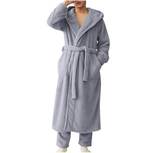 WRKEKC Mens Robe Solid Color Plush Tie Waist Winter Thickened Warm Bathrobe Rice Grain Fleece Long Sleep Robe for Men’s Lounge