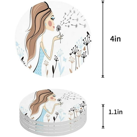 

FMSHPON Girl Dandelion Artistic Illustration Set of 6 Round Coaster for Drinks Absorbent Ceramic Stone Coasters Cup Mat with Cork Base for Home Kitchen Room Coffee Table Bar Decor