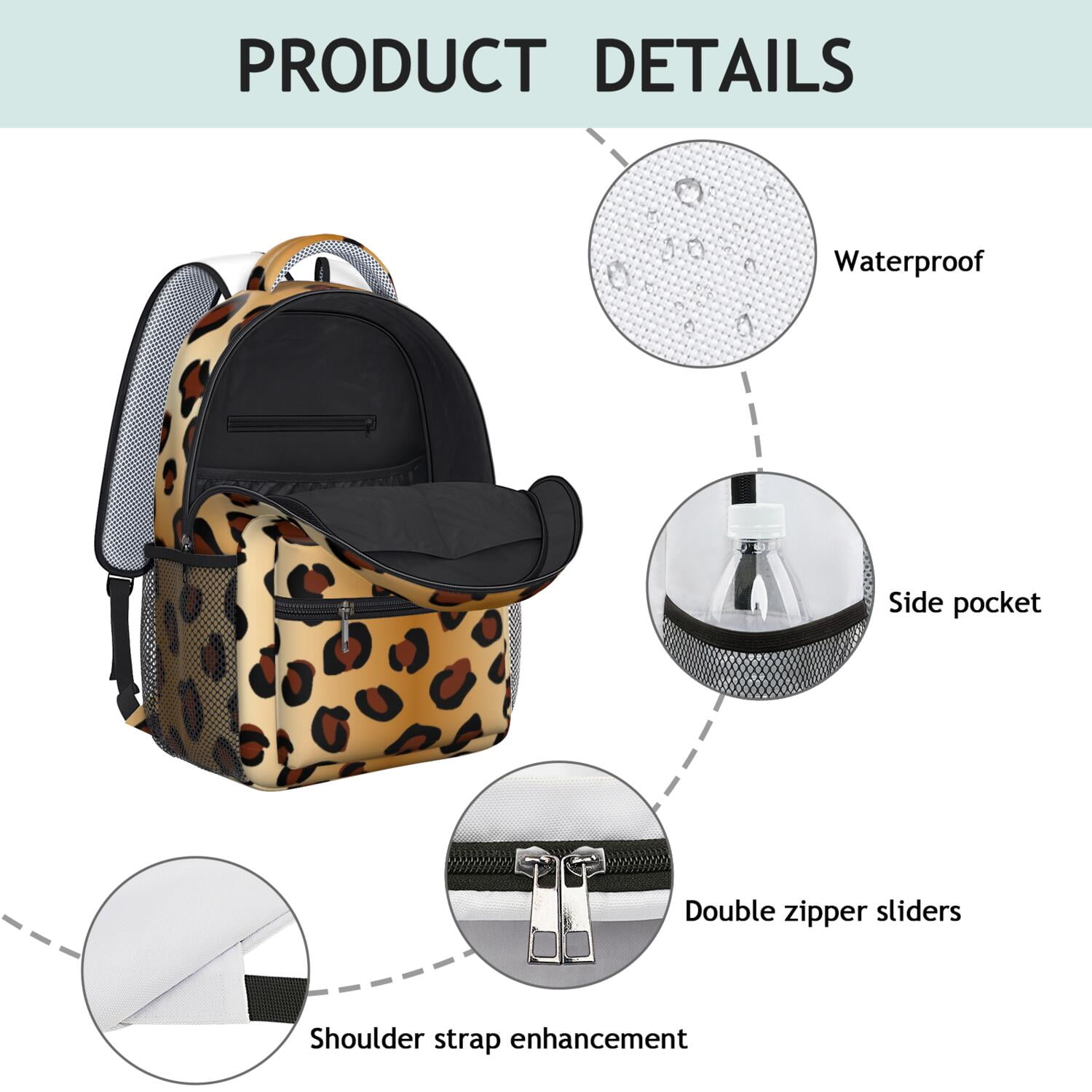 Leopard Print Backpack for School,Cute School Bag,Schoolbag with Adjustable Shoulder Straps & Padded Back,15.3"x11"x6.7"