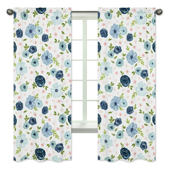 Blue and Pink Floral Window Curtains - Set of 2 - Blush, vy, Green and White Shabby Chic Watercolor Rose Flower Treatment Panels by Sweet Jojo Designs