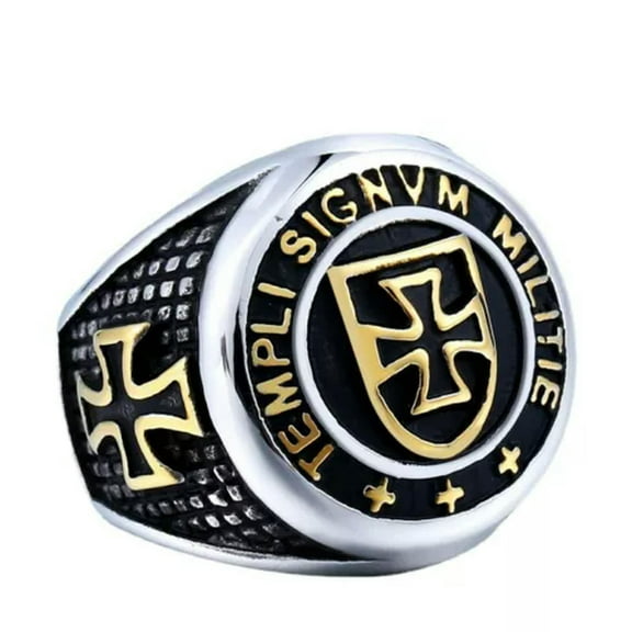 GKNET Mens Masonic Knights Templar Ring Cross Shield Men Stainless Steel Size 7-13-11-Gold