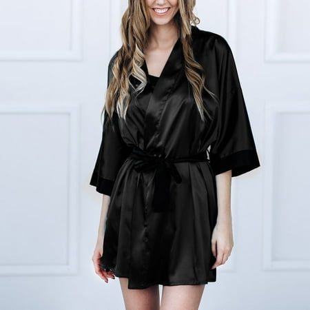 

Ykohkofe Women Sexy Black Silk Satin Kimono Robe Lace Bathrobe Lingerie Sleepwear Pajamas