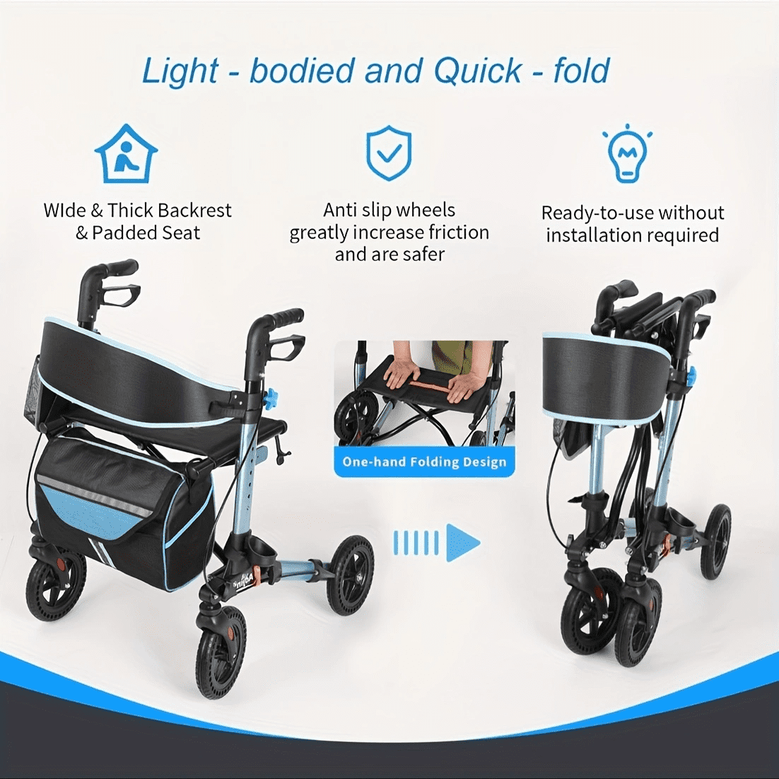 Leumius Rollator Walker for Seniors,Lightweight Foldable All Terrain Rolling Walker with seat & 8 inch Rubber Wheels,Handles and Backrest,BLUE