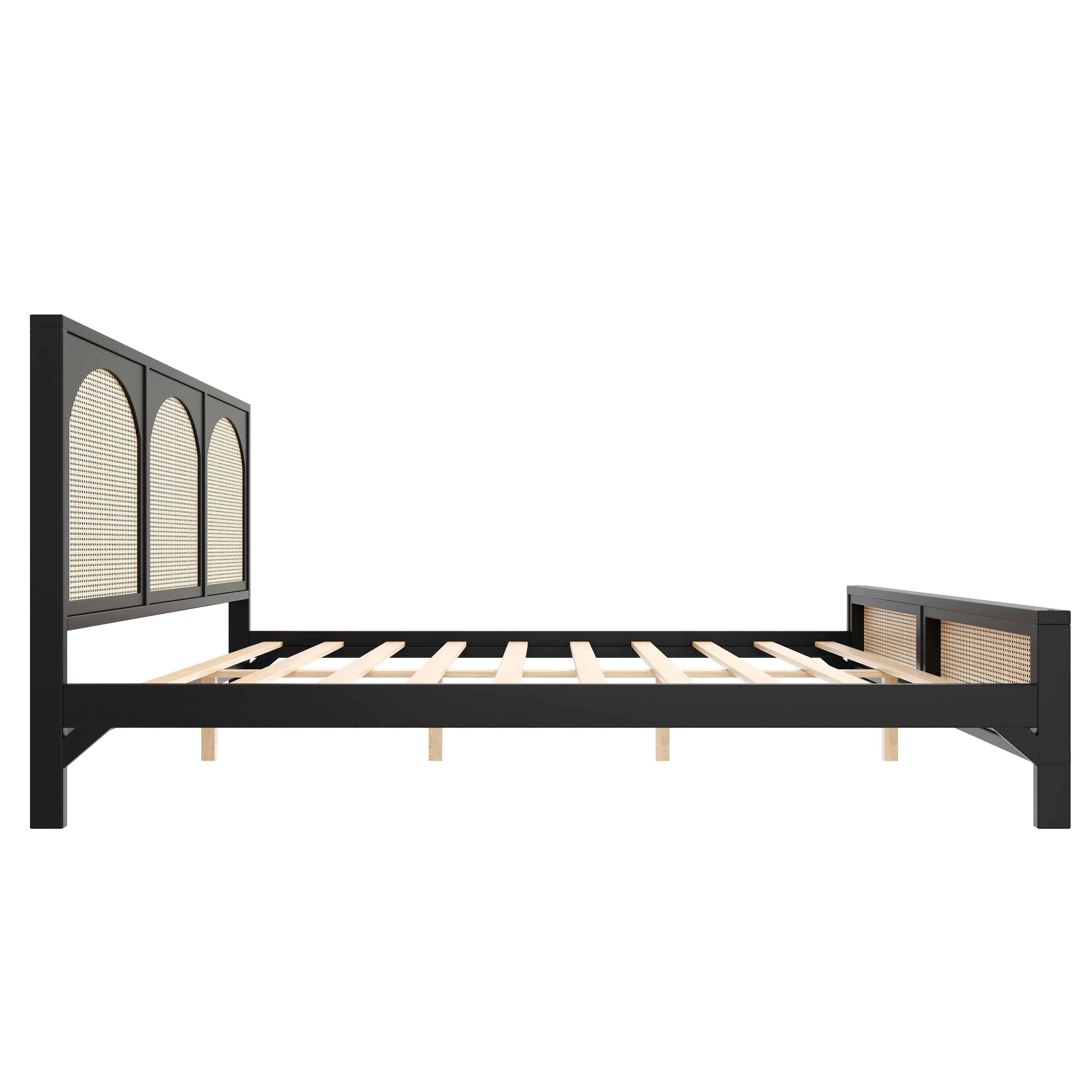 Euroco Queen Size Platform Bed with Rattan Headboard, Black