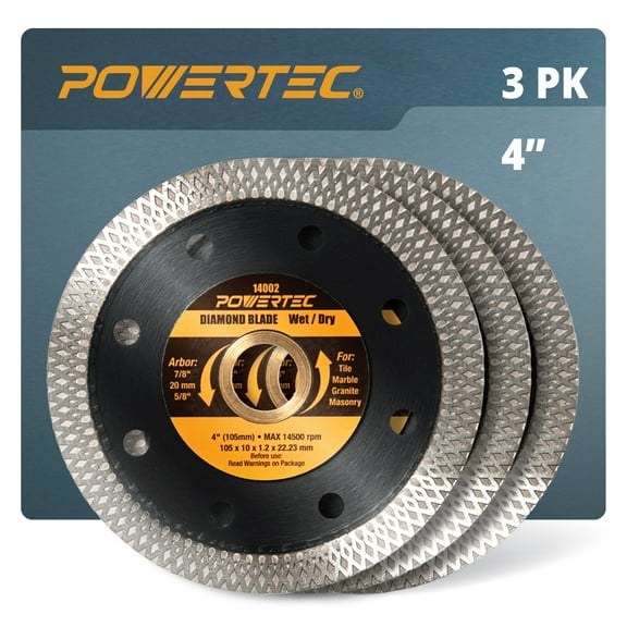 POWERTEC 3PK 4 Inch Diamond Saw Blades for Handheld Tile Saw & Angle Grinder, Super Thin Turbo Mesh Rim Tile Blades for Cutting Porcelain, Granite Tile & Ceramic Tile, 4" Diamond Blades (14002-P3N)