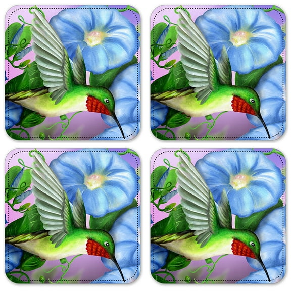 Vinyl Drink Coasters - Set of 4 - Hummingbird & Flowers