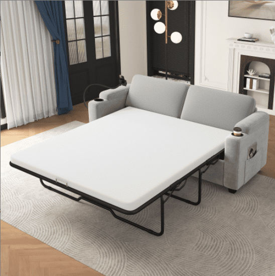 Euroco 72.8" Corduroy Sleeper Sofa Loveseat Sofa with Full Size Mattress, Two USB Ports, Two Cup Holders, Two Side Pockets and a Phone Holder for Living Room