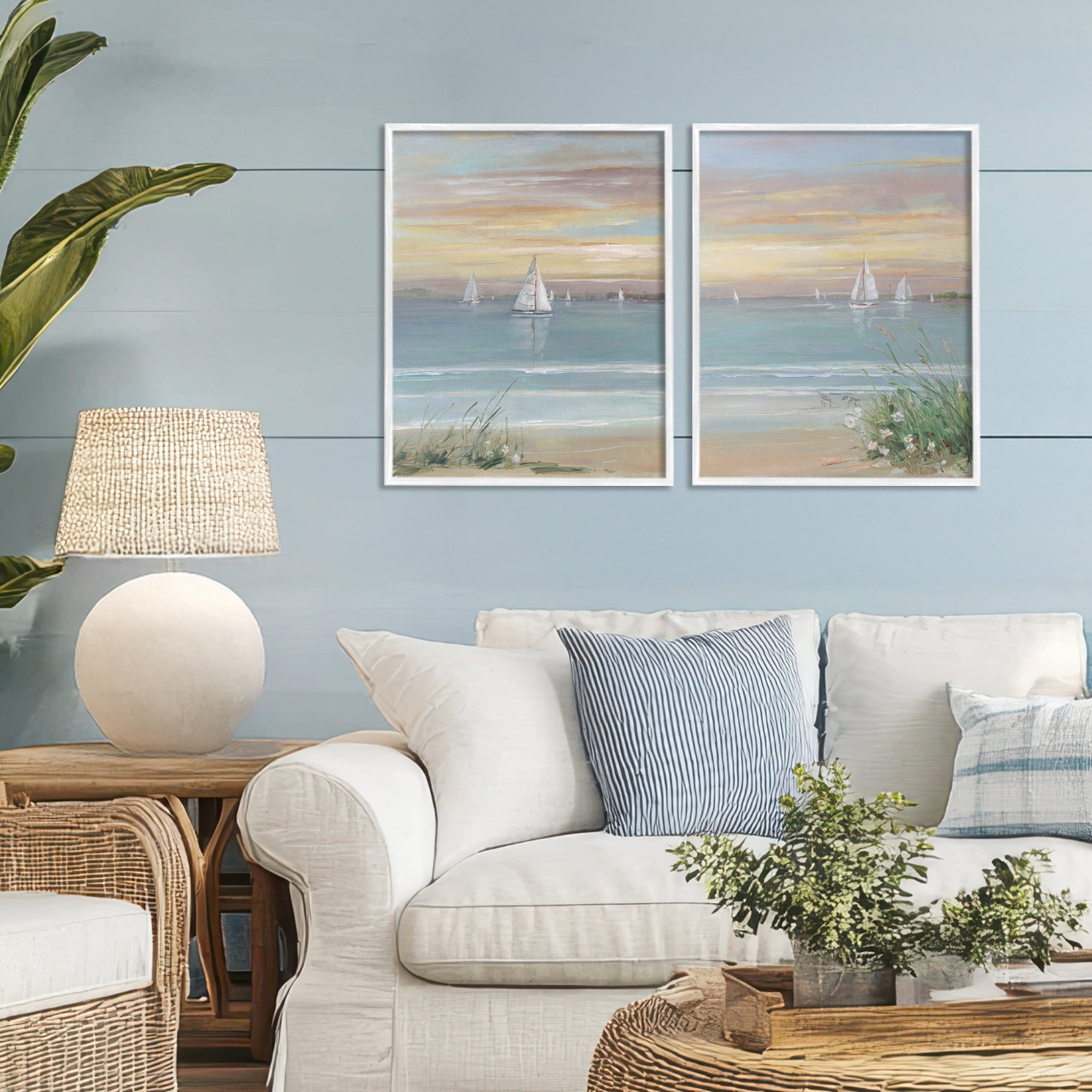 Stupell Industries Summer Shore Panorama 2 Piece White Framed Giclee Art Set, design by Sally Swatland