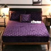 SHIJI65 Baomei Purple Plush Thicken Quilted Mattress Cover Warm Soft Crystal Cotton Bedsheet Quilted Bed Fitted Sheet