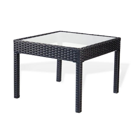 SK New Interiors Outdoor Patio Wicker Square Coffee Table w/Glass Resin Yard Garden Furniture, Black