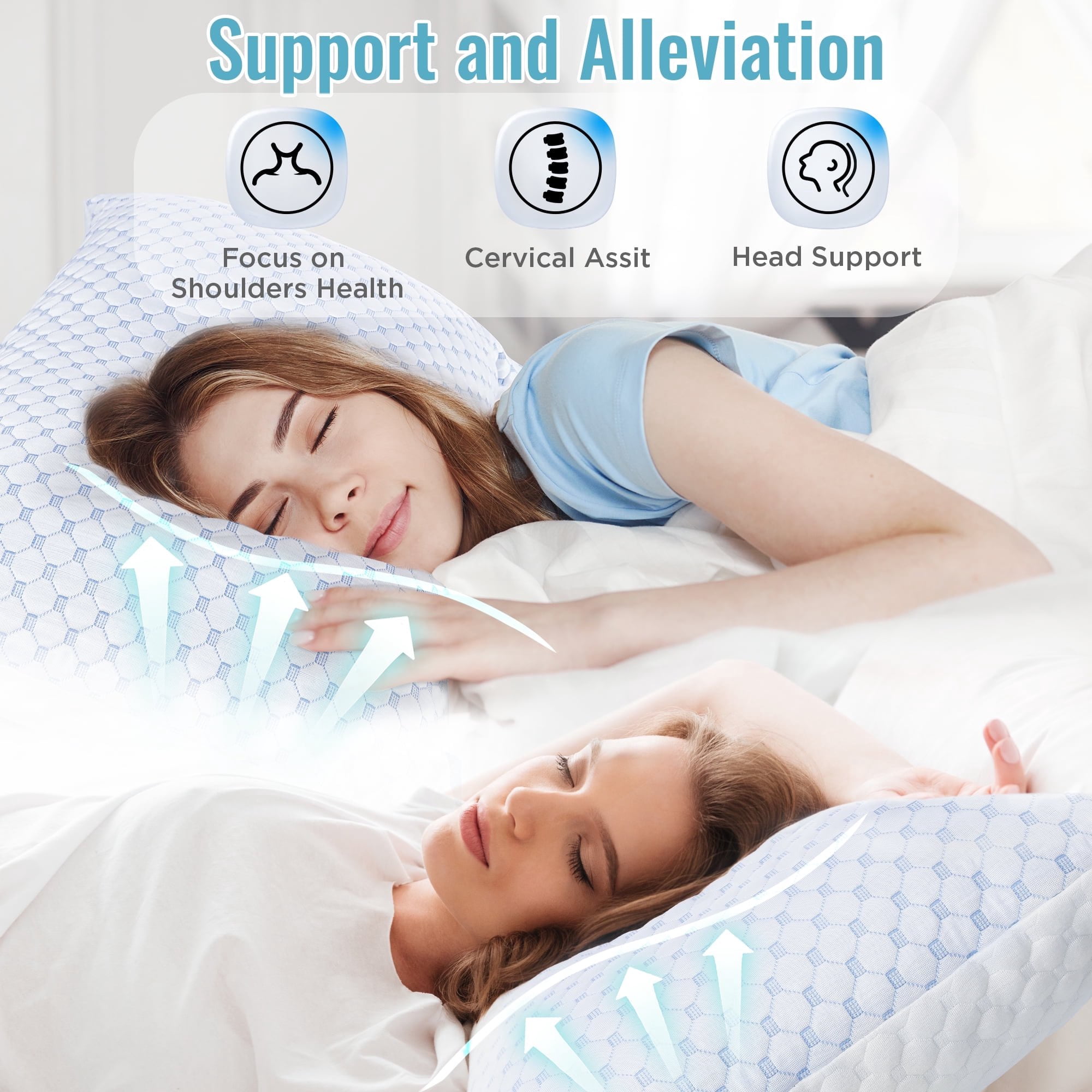 Adjustable Cooling Memory Foam Pillow for Sleeping, Breathable Shredded Foam Bed Pillow with Washable Cover, Soft Support Pillow for Side Back Stomach Sleepers, Ideal for King Size Mattresses