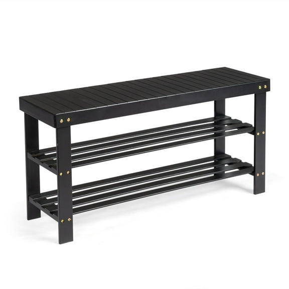 IVV Shoe Rack Bench, 3-Tier Bamboo Shoes Storage Organizer, for Entryway Bedroom Bathroom, 35.43"L x 11.02"W x 17.72"H, Black