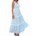 thumbnail image 3 of Women Striped Lace Patchwork V Neck Sleeveless High Waist Dress Blue S, 3 of 9