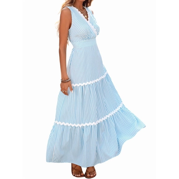 Women's V Neck High Waist Striped Lace Patchwork Sleeveless Dress for Work Blue S