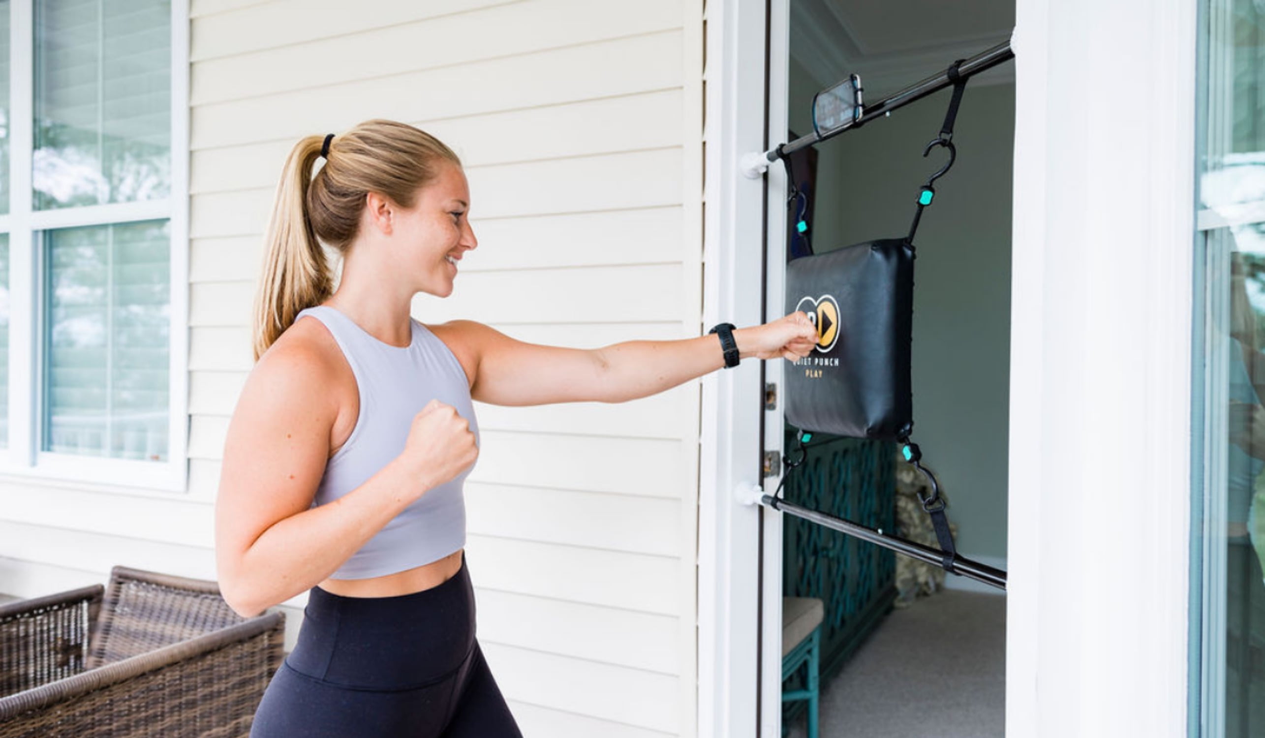 Quiet Punch Doorway Punching Bag, Phone Holder with App, 28"-36" Size, Portable Boxing, Apartment Friendly Workouts (No Punch Tracker)