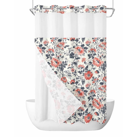 No Hook Cloth Fabric Shower Curtain with Snap in Liner, Vintage Red Black Waterproof Shower Curtains Set with See Through Top Window, Country Watercolor Flower Leaf Plant Bath Curtains Shower 36"x78"