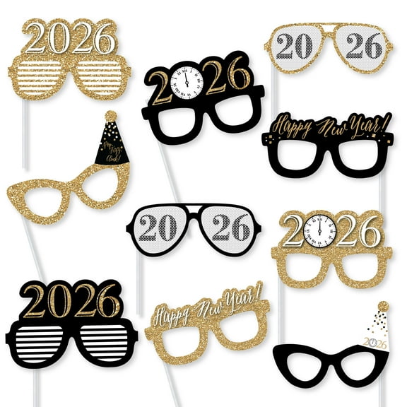 Big Dot of Happiness New Year's Eve Glasses - Gold - 2026 Paper Card Stock New Year's Party Photo Booth Props Kit - 10 Count