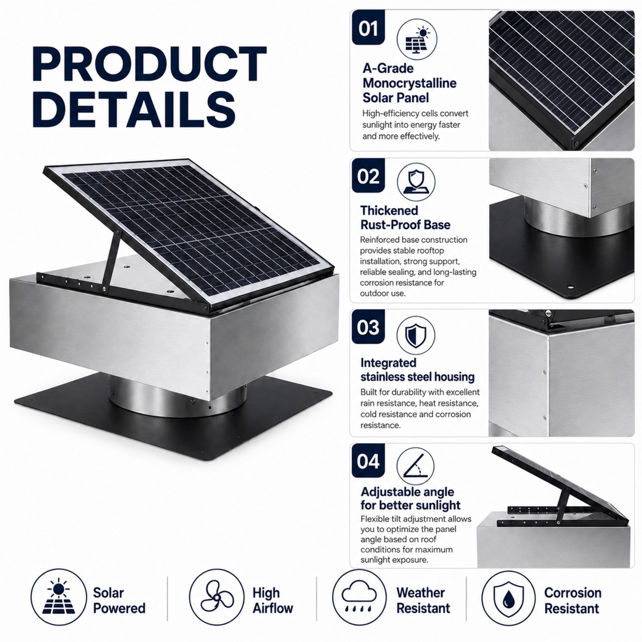 Noble House 12" Steel Solar Roof Vent Fan, 40W Adjustable Dual Power Attic Exhaust Fan with 3-Speed Remote, Gray