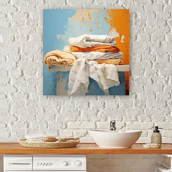 Designart "Coastal Towels in White and Orange Laundry III" Illustration Canvas Wall Art - Modern White Laundry Entryway Wall Art