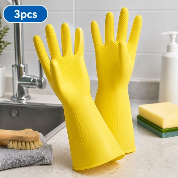 3 Pairs Dishwashing gloves, kitchen cleaning gloves, household dishwashing gloves, non-slip and waterproof(L , Yellow)