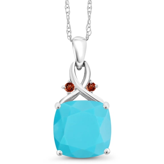 Gem Stone King 10K White Gold Green Turquoise and Red Garnet Pendant Necklace for Women (3.07 Cttw, Gemstone, Cushion Cut 10MM, with 18 inch Chain)