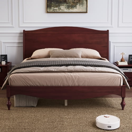 Queen Bed Frame, Vintage Platform Bed with Arched Headboard and Footboard, Solid Wood Frame with Under-Bed Storage, No Box Spring Needed for Bedroom, Dark Walnut