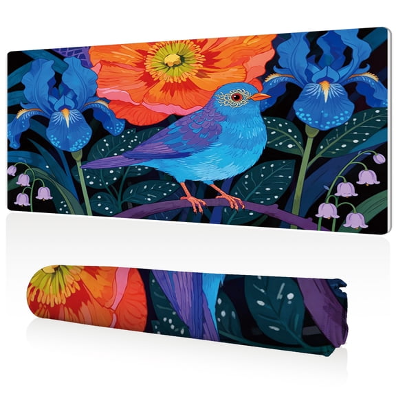 LIVEKEY Extra Large Mouse Pad Colorful Bird on Floral Branch Design 80x40x0.3cm Full Desk Coverage Non Slip Durable Easy Clean Stitched Edges for Gaming and Office