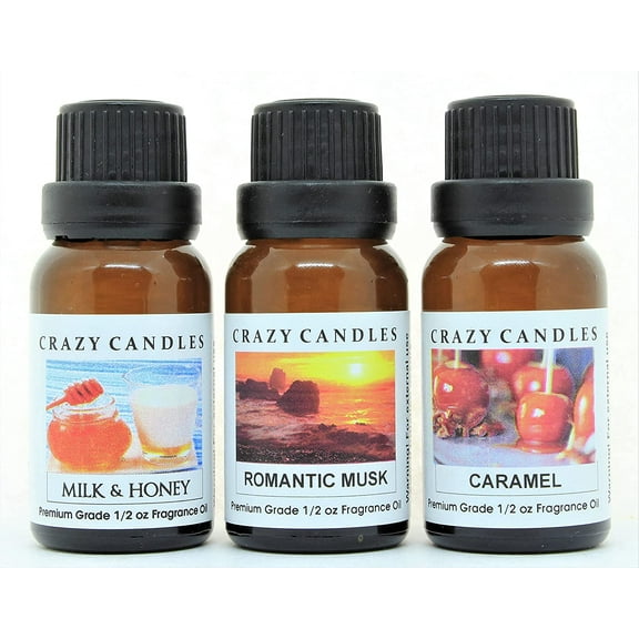 Crazy Candles 3 Bottles Set, 1 Milk & Honey, 1 Romantic Musk, 1 Caramel 1/2 Fl Oz Each (15ml) Premium Grade Scented Fragrance Oils