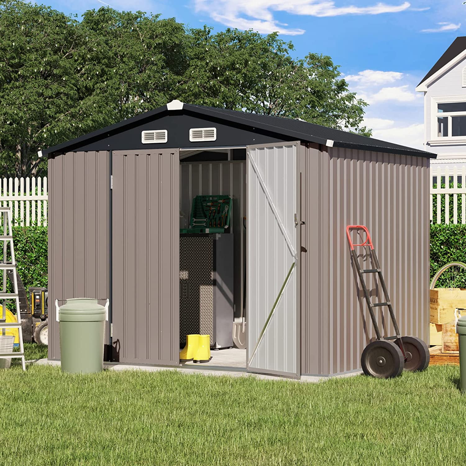 Outdoor Storage Shed, 8'x6' Galvanized Metal Steel Garden Shed for Bike ...