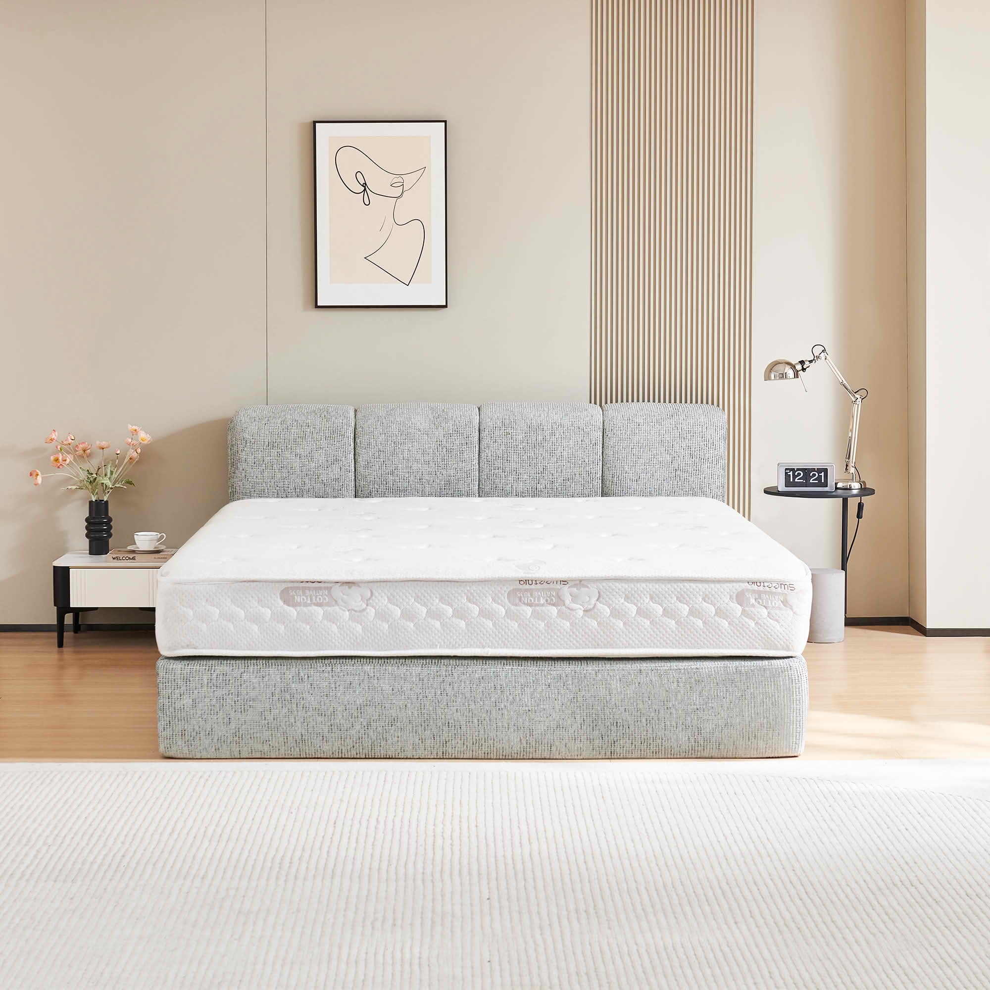 MAYEERTY Cloud Rest Cotton-Linen Blend Compressed Bed Queen Size Mattress Foundation with Headboard,Universal Fit, Hybrid Support Tool-Free Assembly